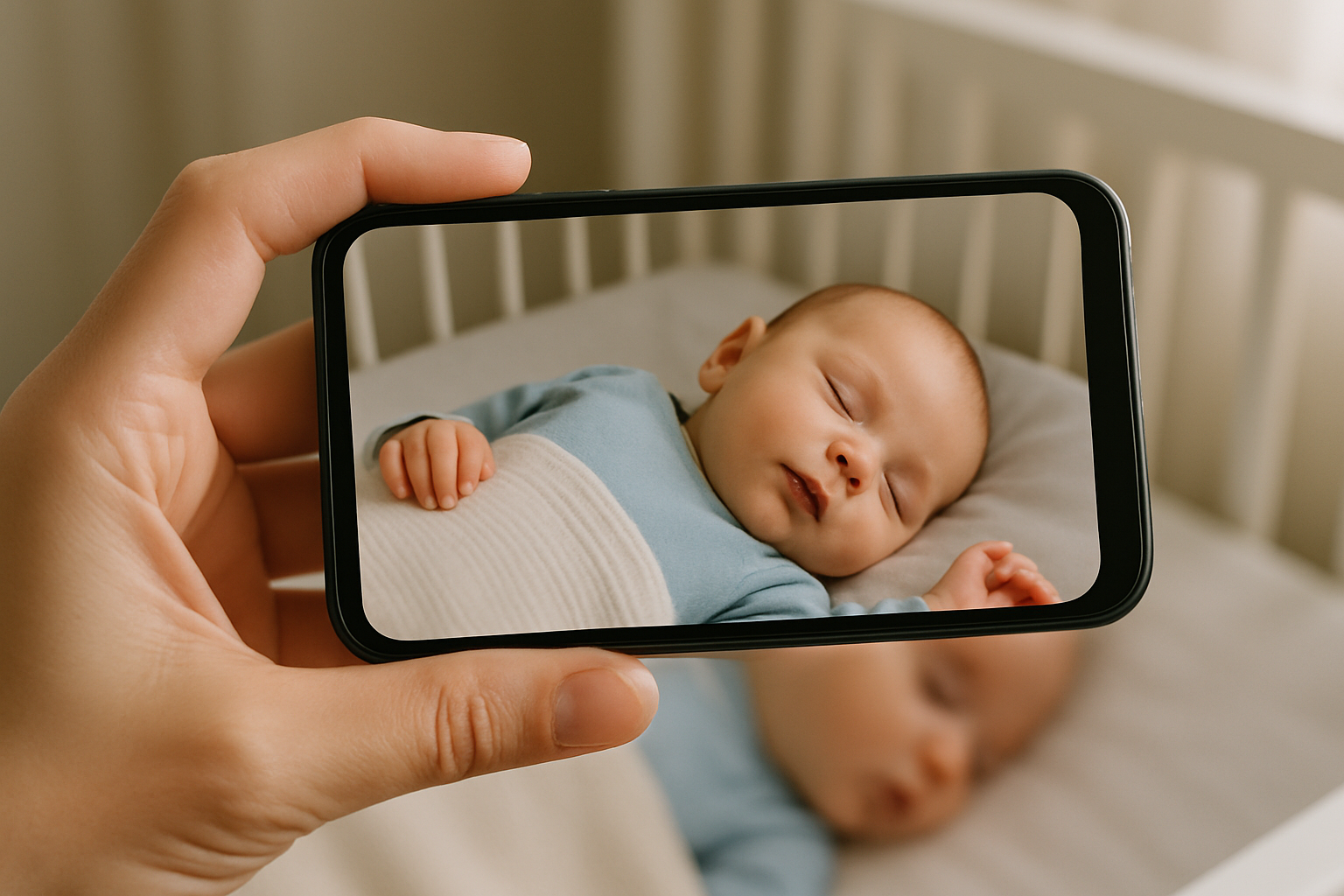 image of females hand holding a landscape phone with a picture of a baby fast asleep in cot