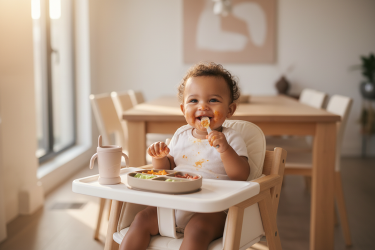 mixed race baby having dinner - trendy highchair