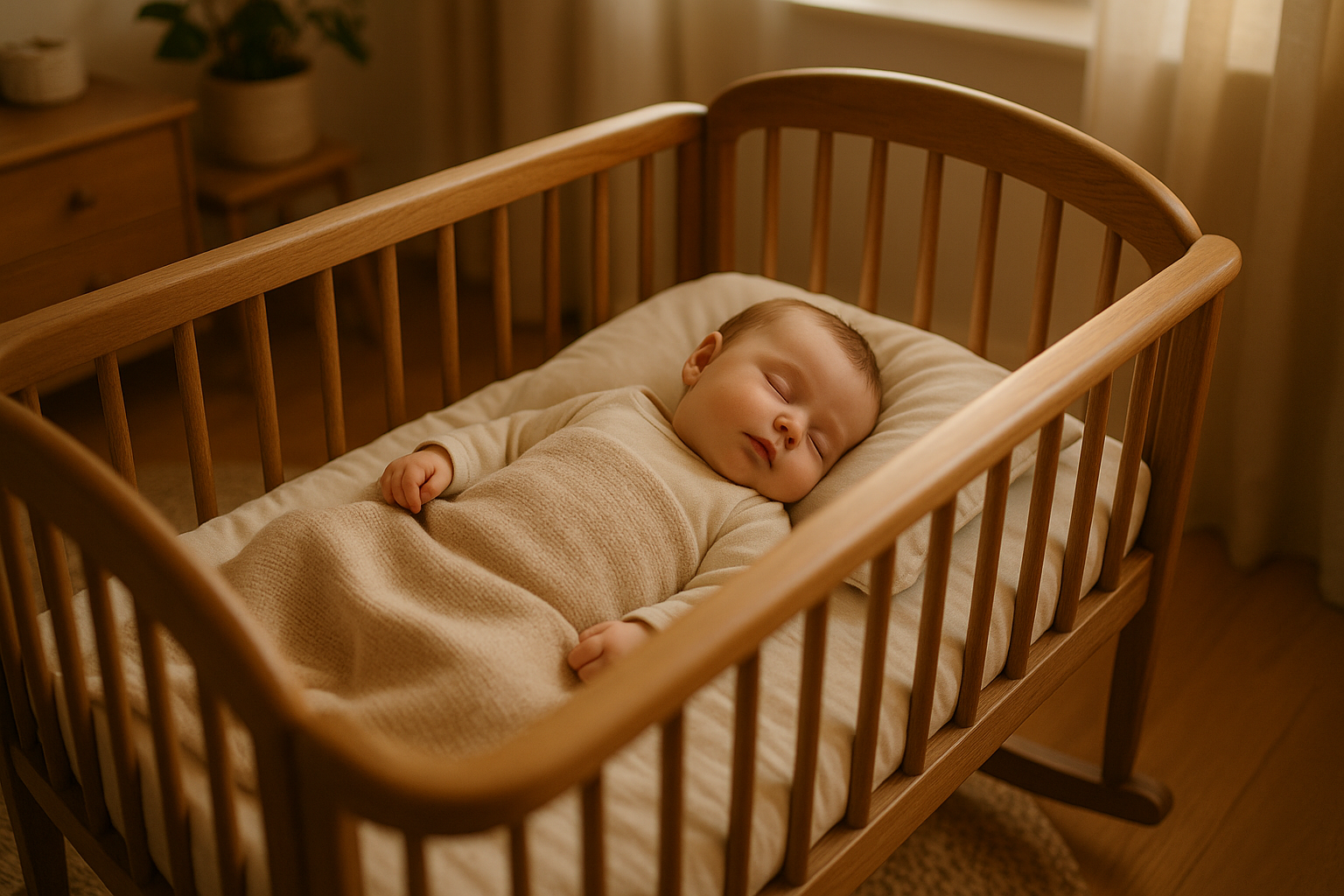 wooden cot with baby